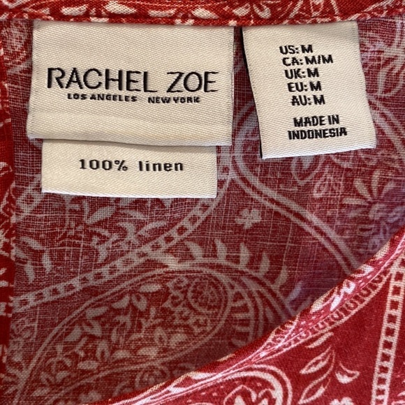 Rachel Zoe 100% Linen Shift Dress Brick Red White Paisley Sz Medium - Picture 1 of 7